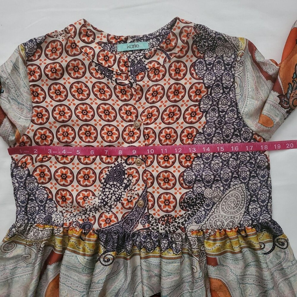 Karlie Women's Flowy Roll Tab Sleeve Multicolor Print Button Front Dress Small - Picture 7 of 11